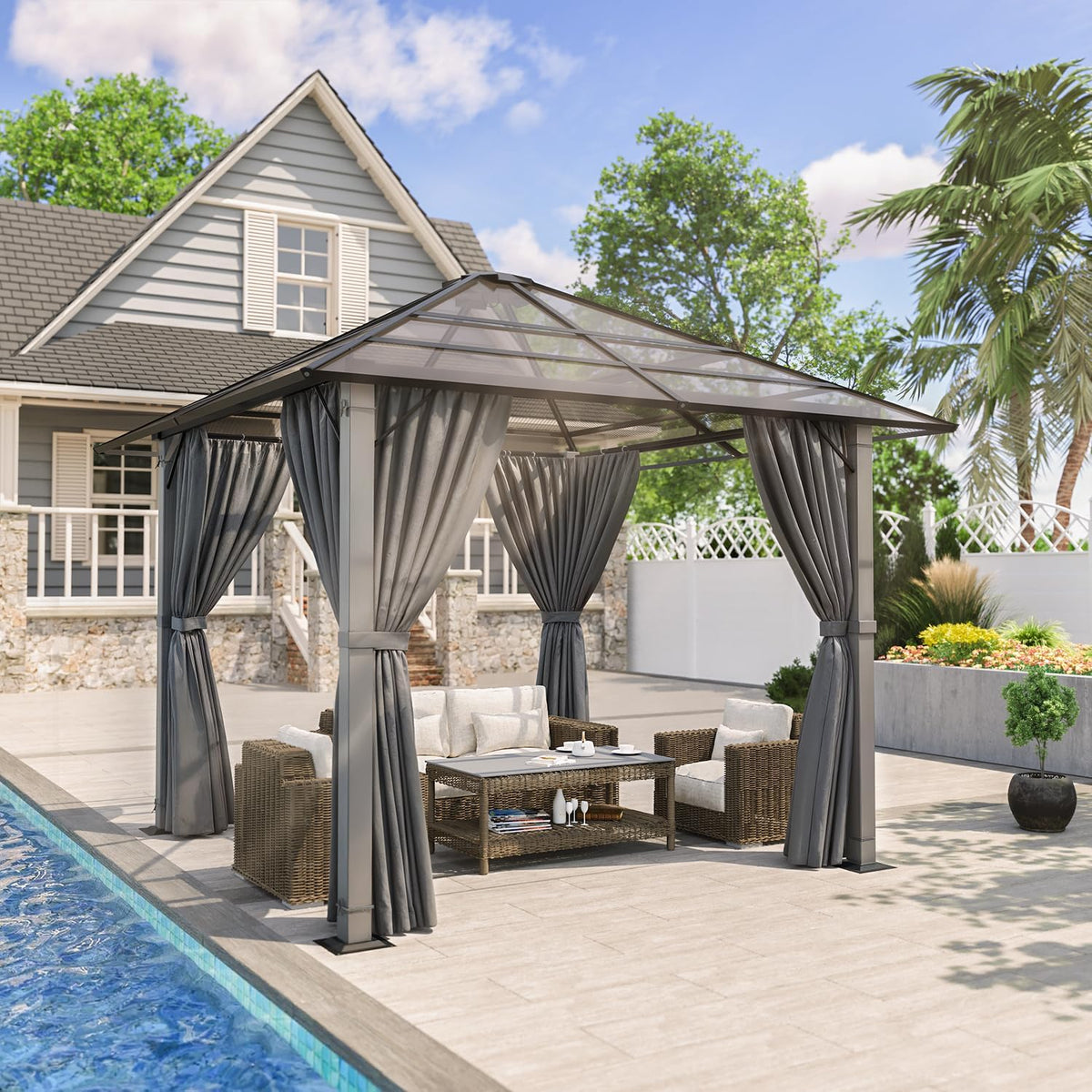 Gartenpavillon, 3 × 3 m, wasserdicht, winterfest, mit festem Dach, für den Garten, aus Aluminium, Grau, TRIUMPHKEY