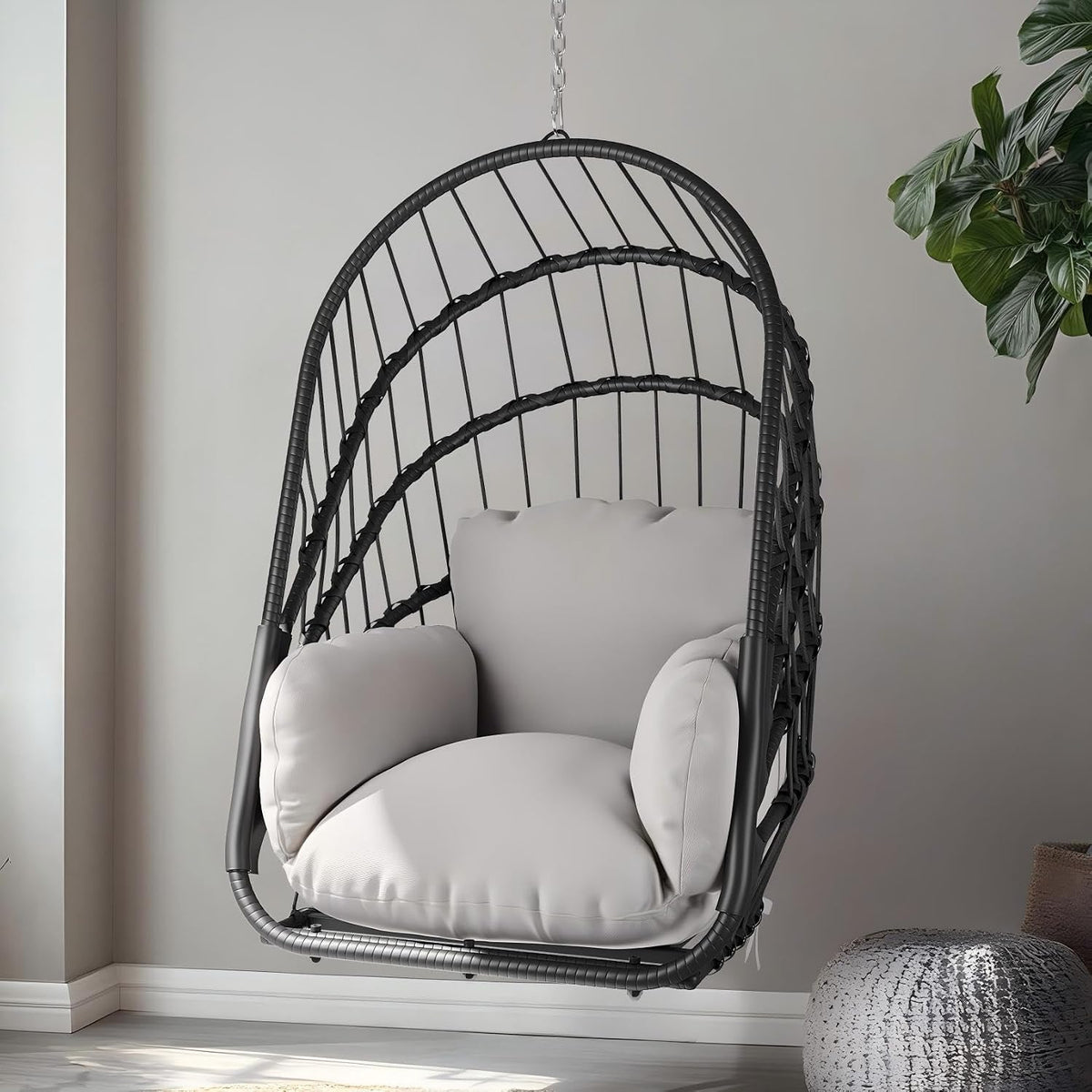 YITAHOME Hängesessel, 160 kg, klappbar, verstellbar, aus Polyrattan, für den Garten und die Terrasse, Schwarz/Grau