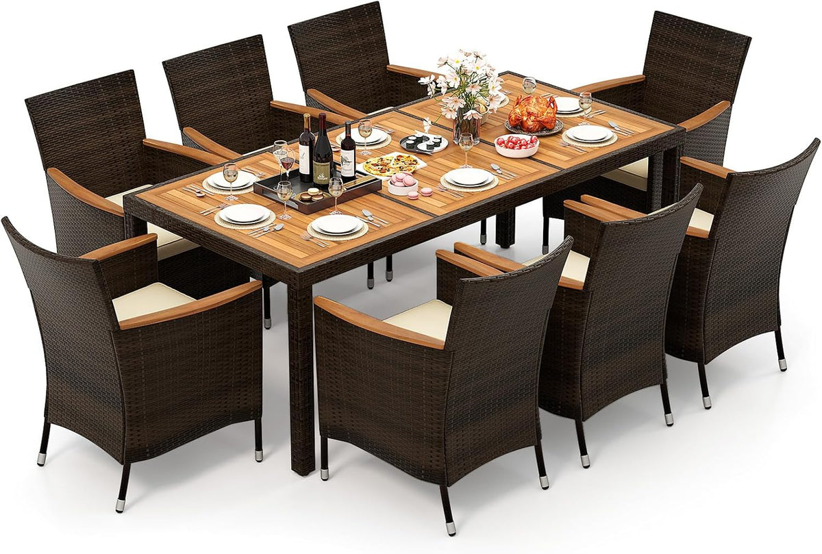 Gartenmöbel-Set 9 TLG. Rattan, wasserdicht, verstellbar, aus Polyrattan, für den Garten und die Terrasse, Dunkelbraun/Hellbraun/Creme, COSTWAY
