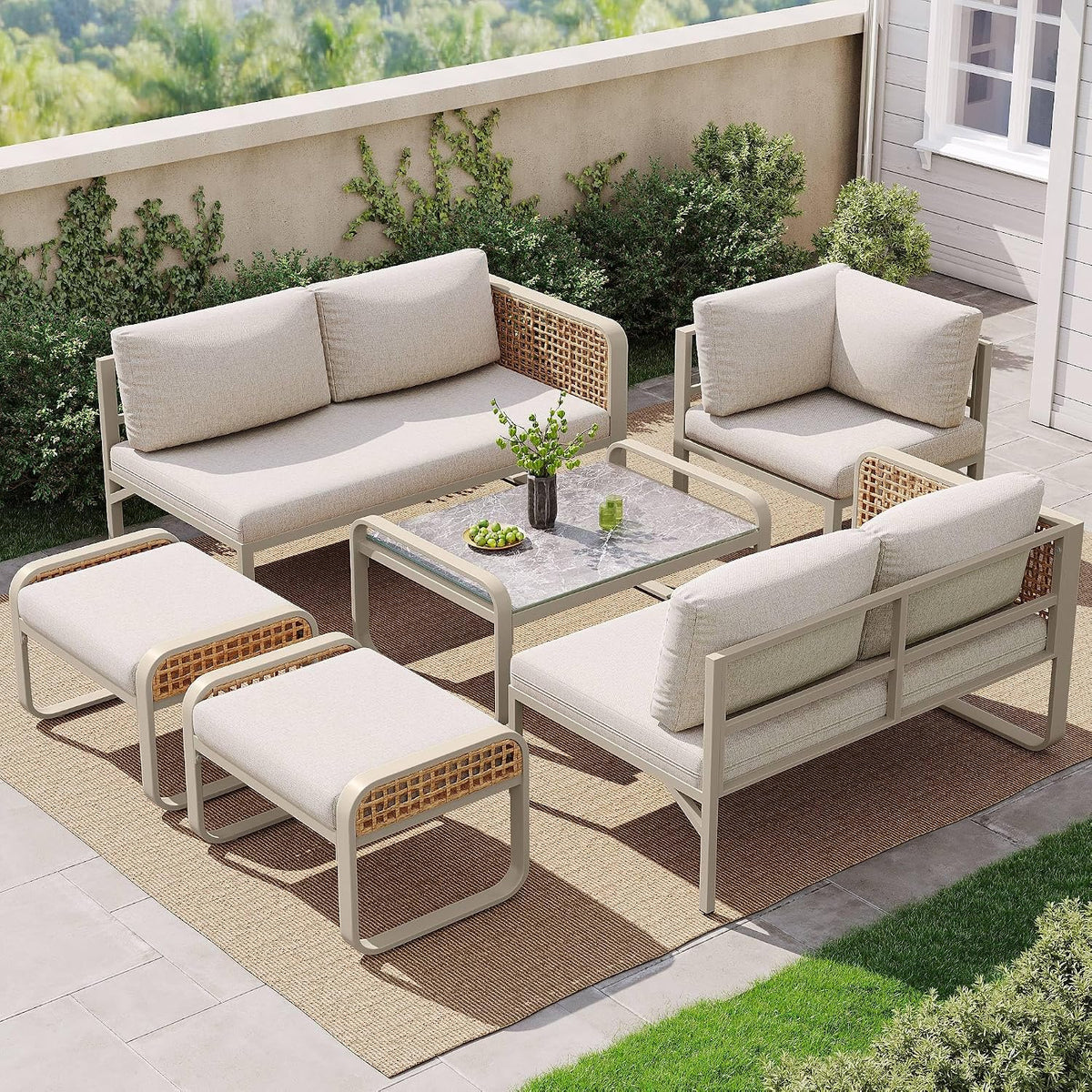 Gartenmöbel-Set, verstellbar, aus Polyrattan, für den Garten, Beige, Lahoomu