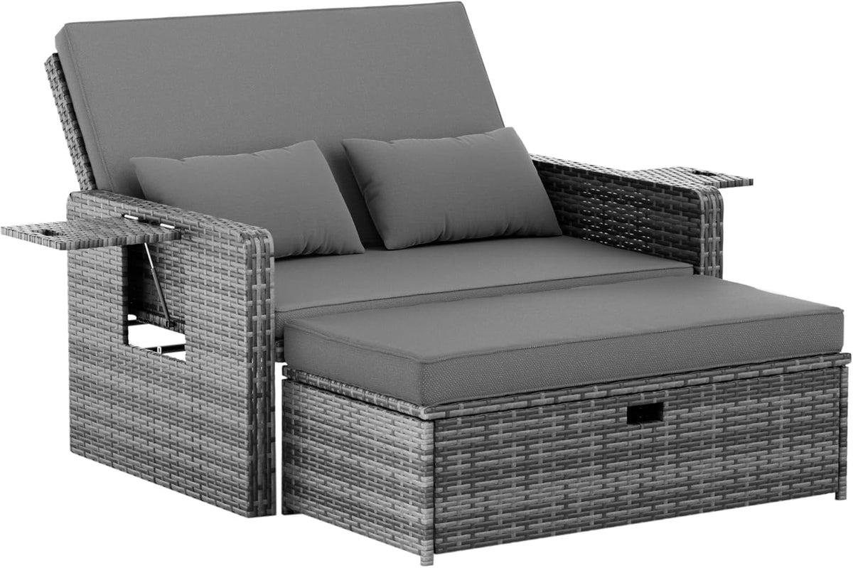 Sofa, aus Polyrattan, verstellbar, mit Stauraum, für den Garten und die Terrasse, Grau, Amopatio