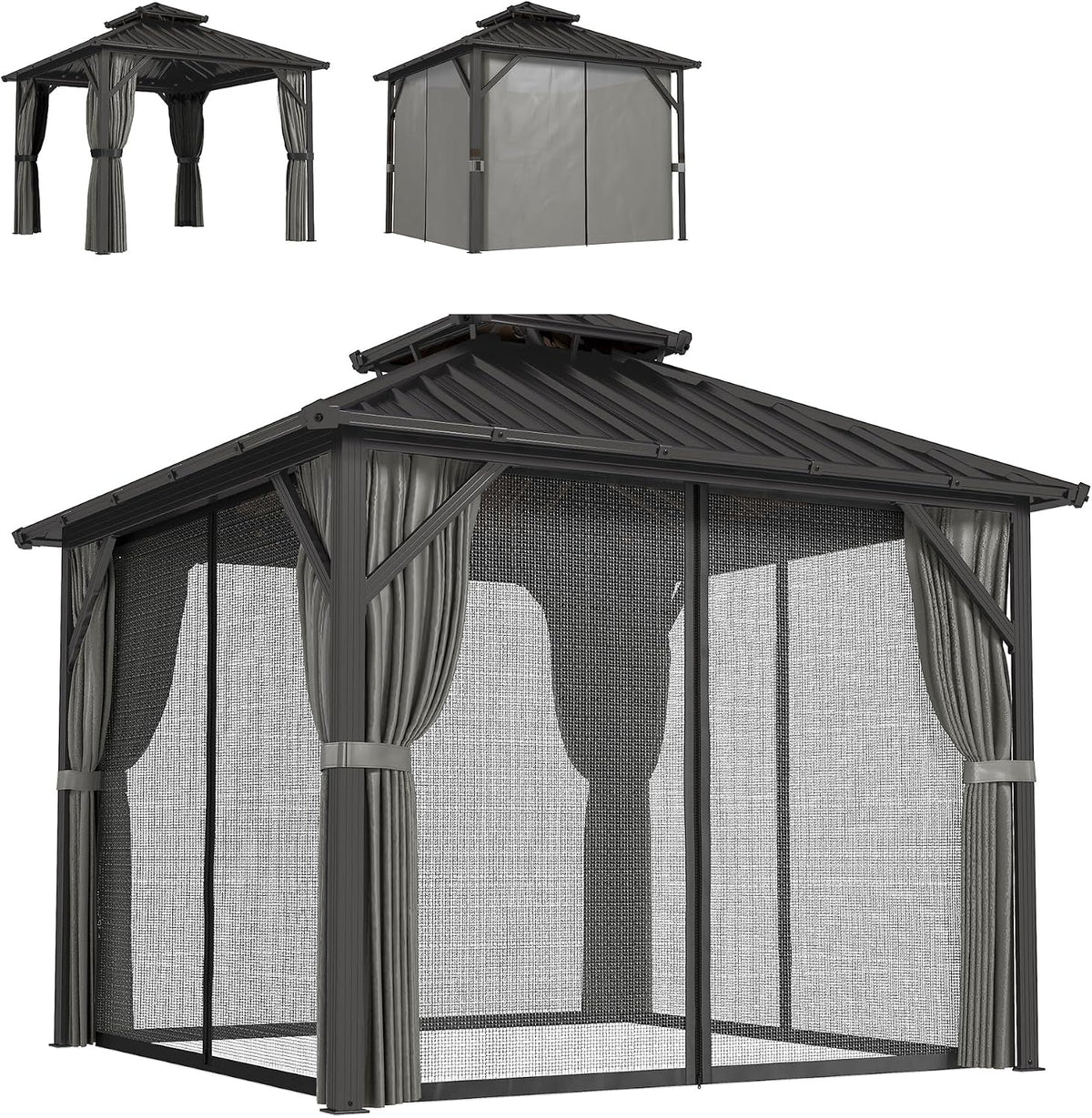 Outsunny Gartenpavillon, 3 × 3 m, aus Aluminium und Stahl, mit Vorhängen, mit Moskitonetzen, UPF50+, Dunkelgrau