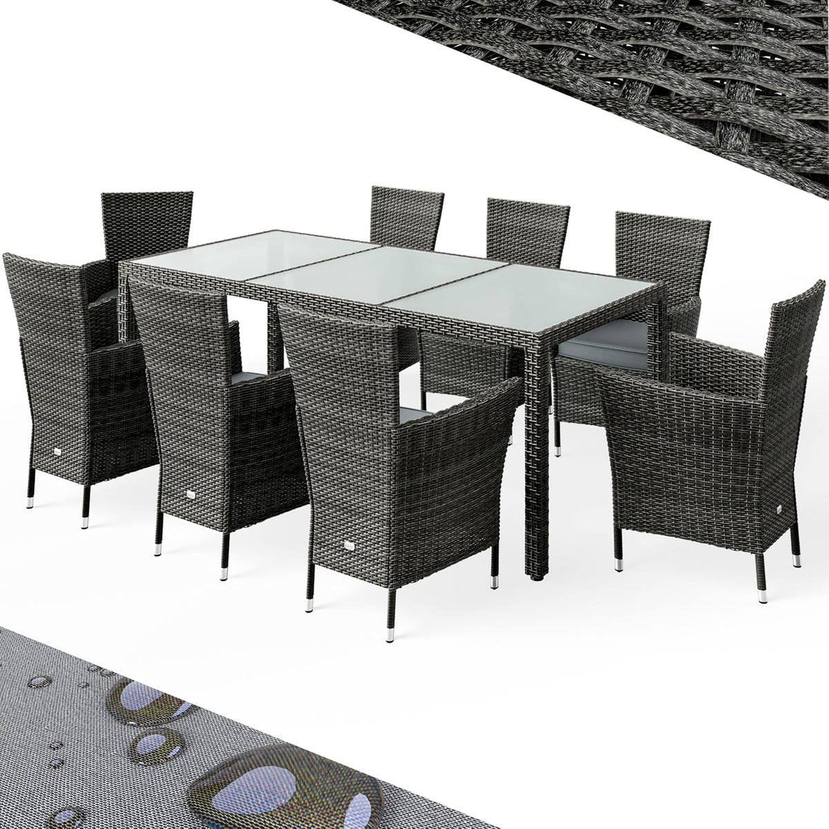 Gartenmöbel-Set, 190 × 90 cm, wasserabweisend, verstellbar, aus Polyrattan und Glas, für den Garten und die Terrasse, Grau, Casaria
