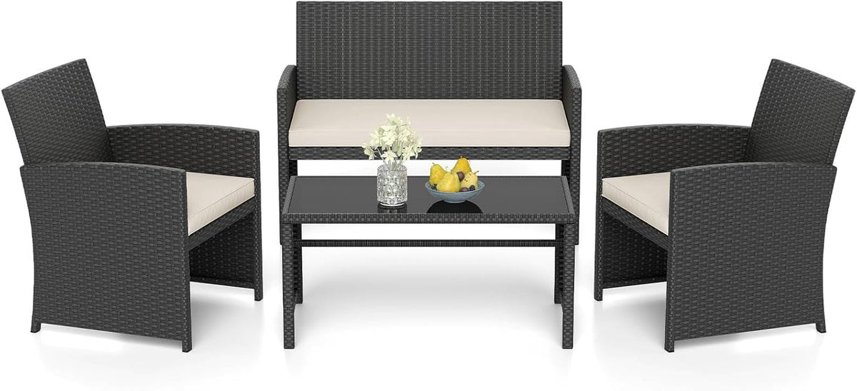 Gartenmöbel-Set, für den Garten und die Terrasse, aus Polyrattan und Glas, Schwarz/Weiß, GIANTEX