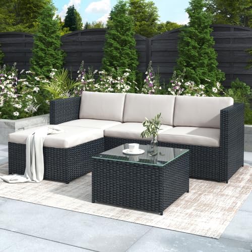 Gartenmöbel-Set, 196 × 136 × 67 cm, wasserabweisend, aus Polyrattan, für den Garten und die Terrasse, Schwarz/Beige, kozamas