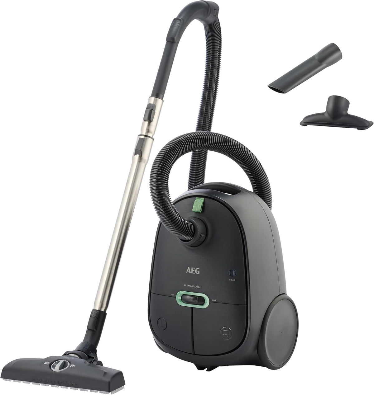 AEG AB61C1OKO Staubsauger, 12 m, Schwarz/Grau, mit Magnetverschluss, aus Edelstahl und Stahl